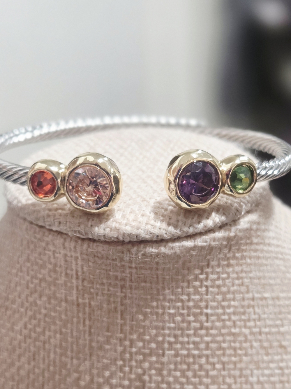 Multicolor Stone Braided Open Cuff Bracelet - Gold Accents